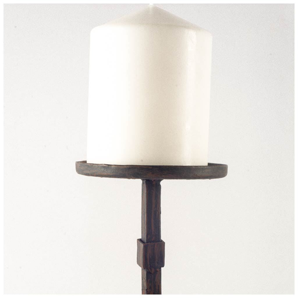 Edgeland I Short Brown Wood Metal Strap Candle Holder-Table Candle Holders-DECOROLALA