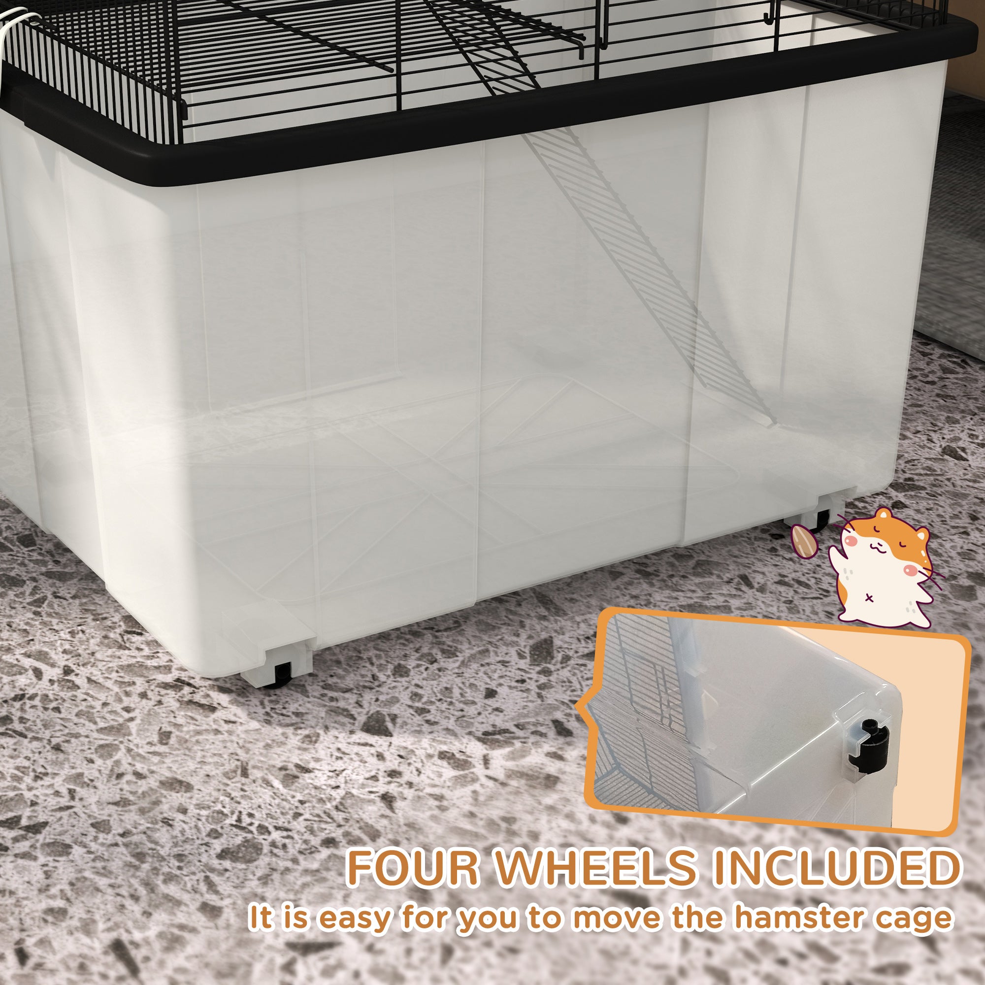 Hamster House Gerbil Habitat for Dwarf Hamster with Wheels, Detachable Bottom - Black