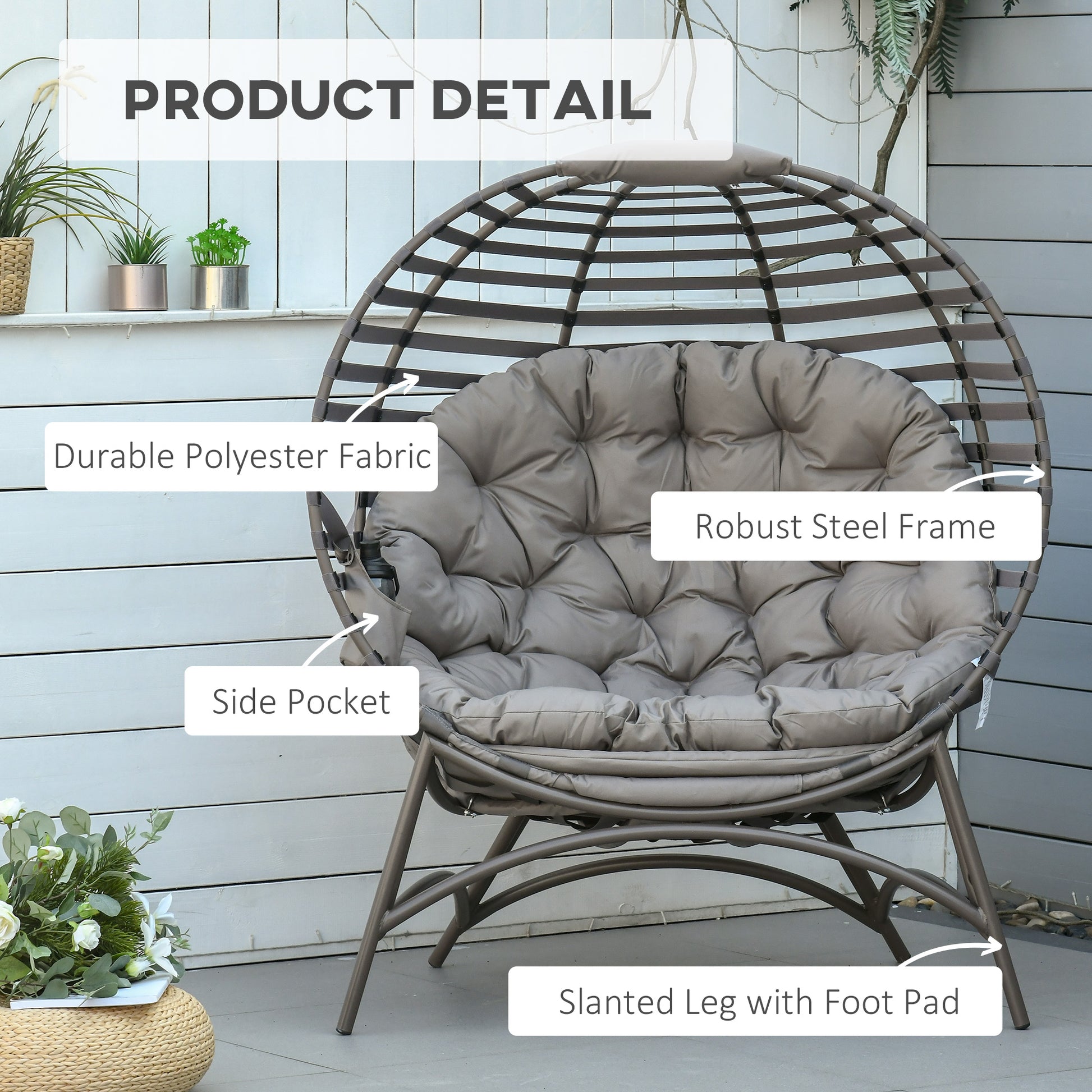Egg Chair, Foldable Patio Lounge Chair, Sand - Large Cushion, Side Pocket-DECOROLALA
