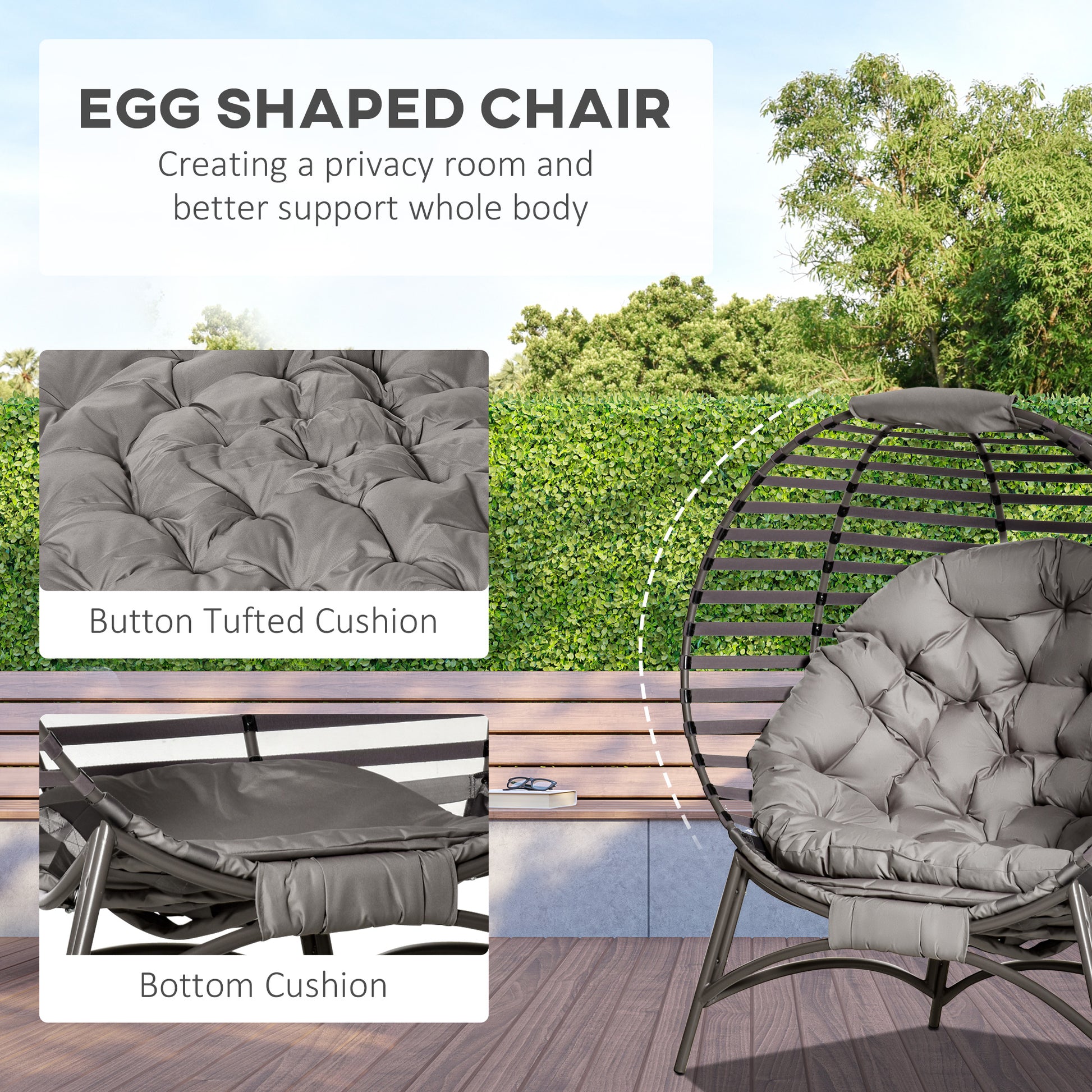 Egg Chair, Foldable Patio Lounge Chair, Sand - Large Cushion, Side Pocket-DECOROLALA