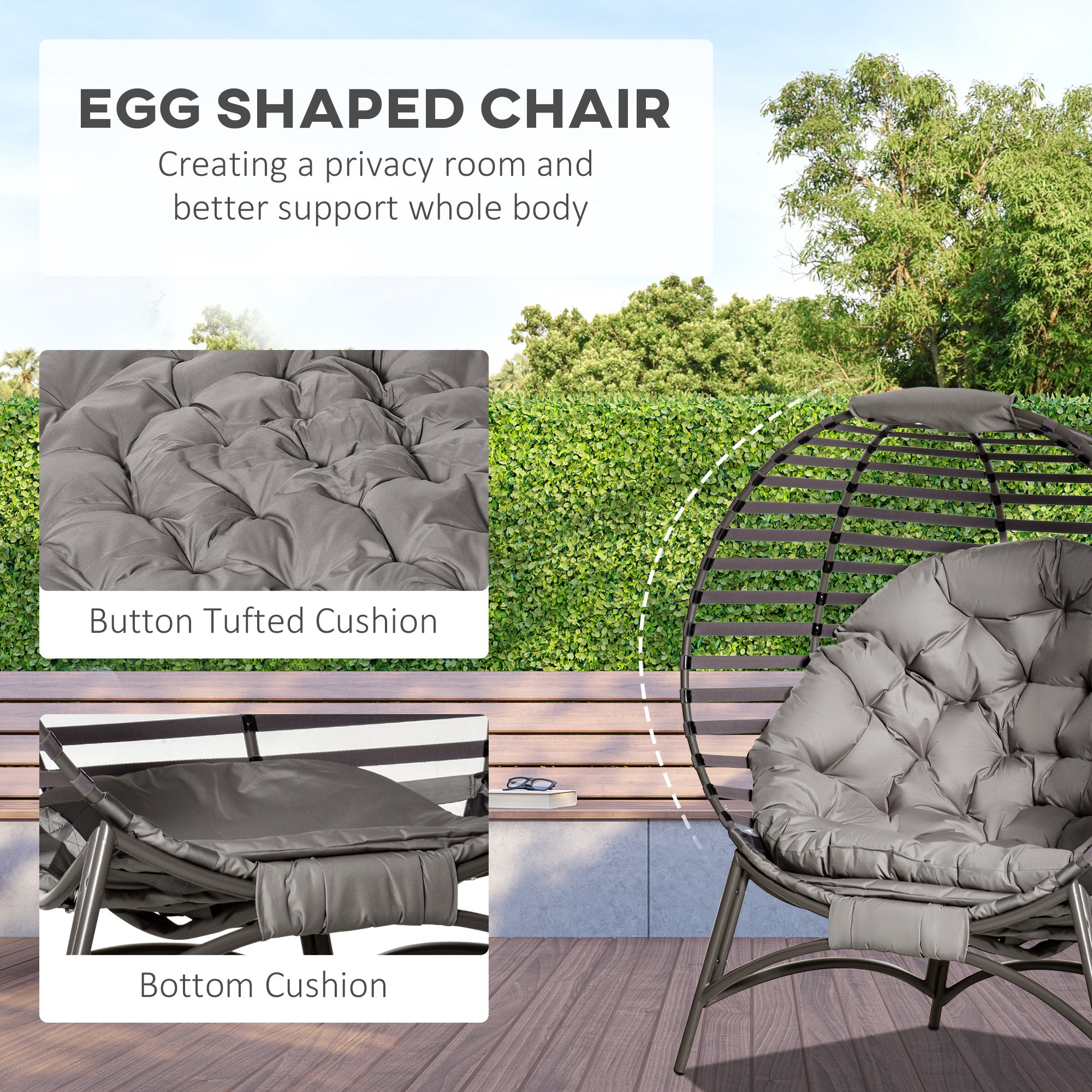 Egg Chair, Foldable Patio Lounge Chair, Sand - Large Cushion, Side Pocket-DECOROLALA