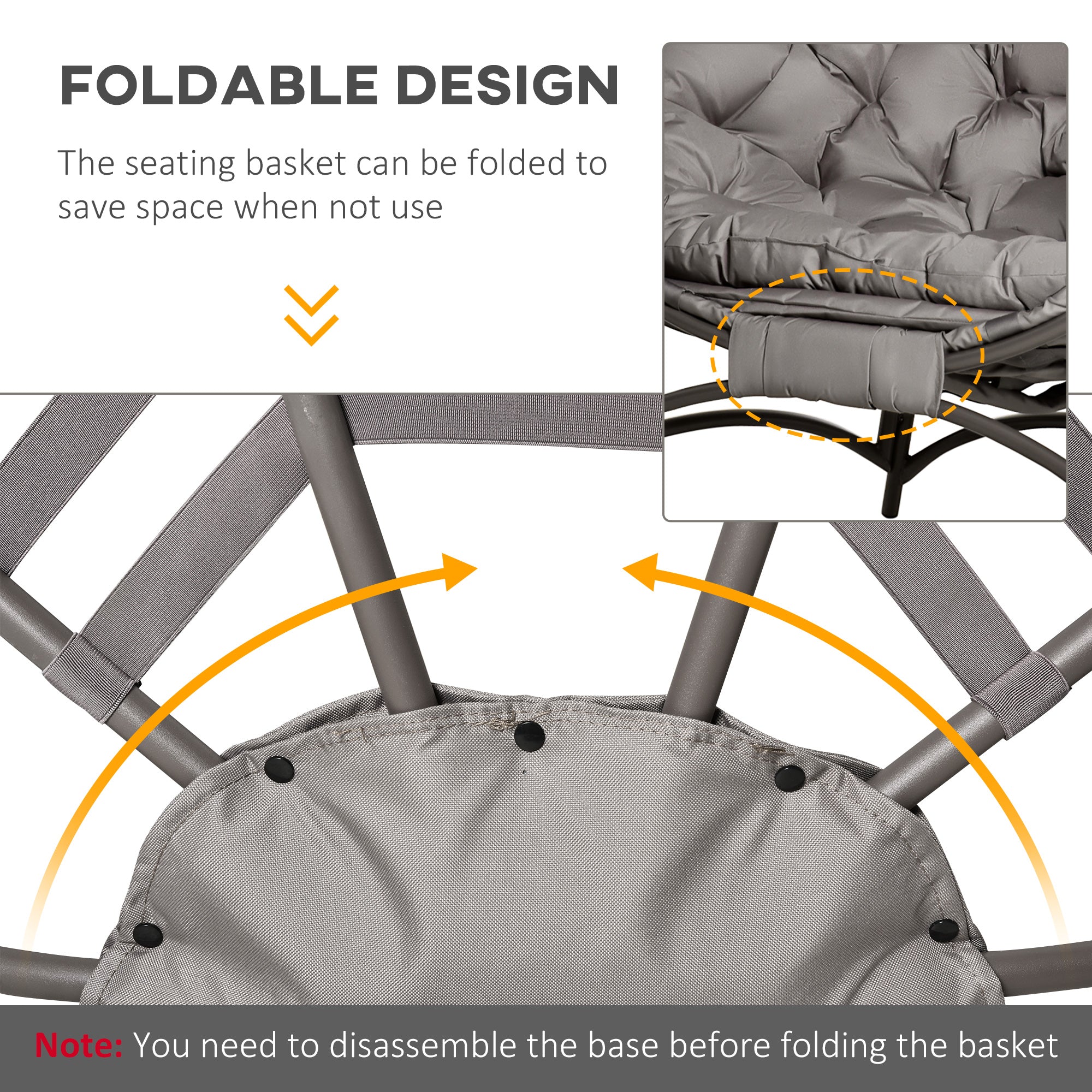 Egg Chair, Foldable Patio Lounge Chair, Sand - Large Cushion, Side Pocket-DECOROLALA