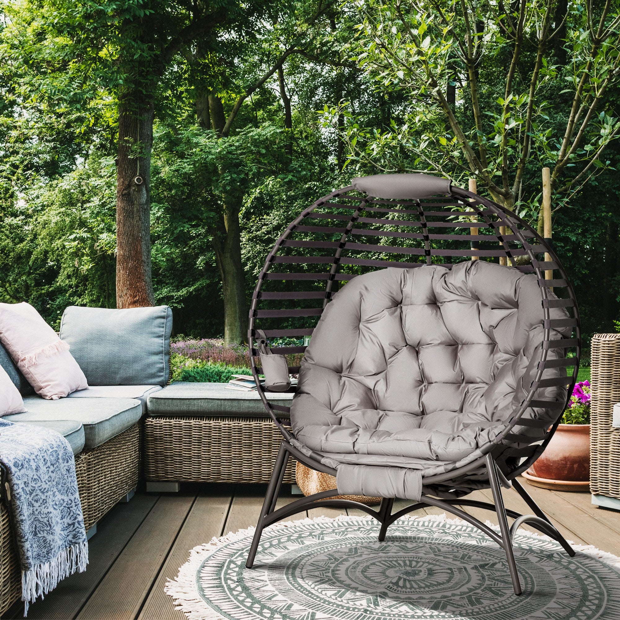 Egg Chair, Foldable Patio Lounge Chair, Sand - Large Cushion, Side Pocket-DECOROLALA