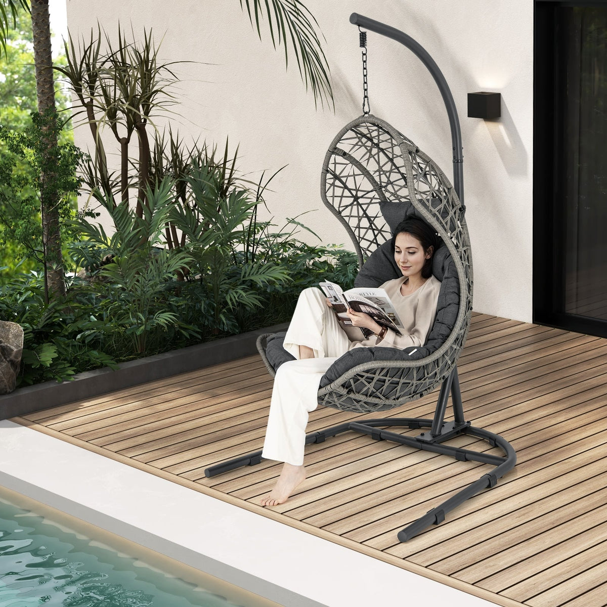 Egg Chair with Stand PE Rattan Swing Hammock Chair with Pillow and Cushion-Gray-Hammocks-DECOROLALA