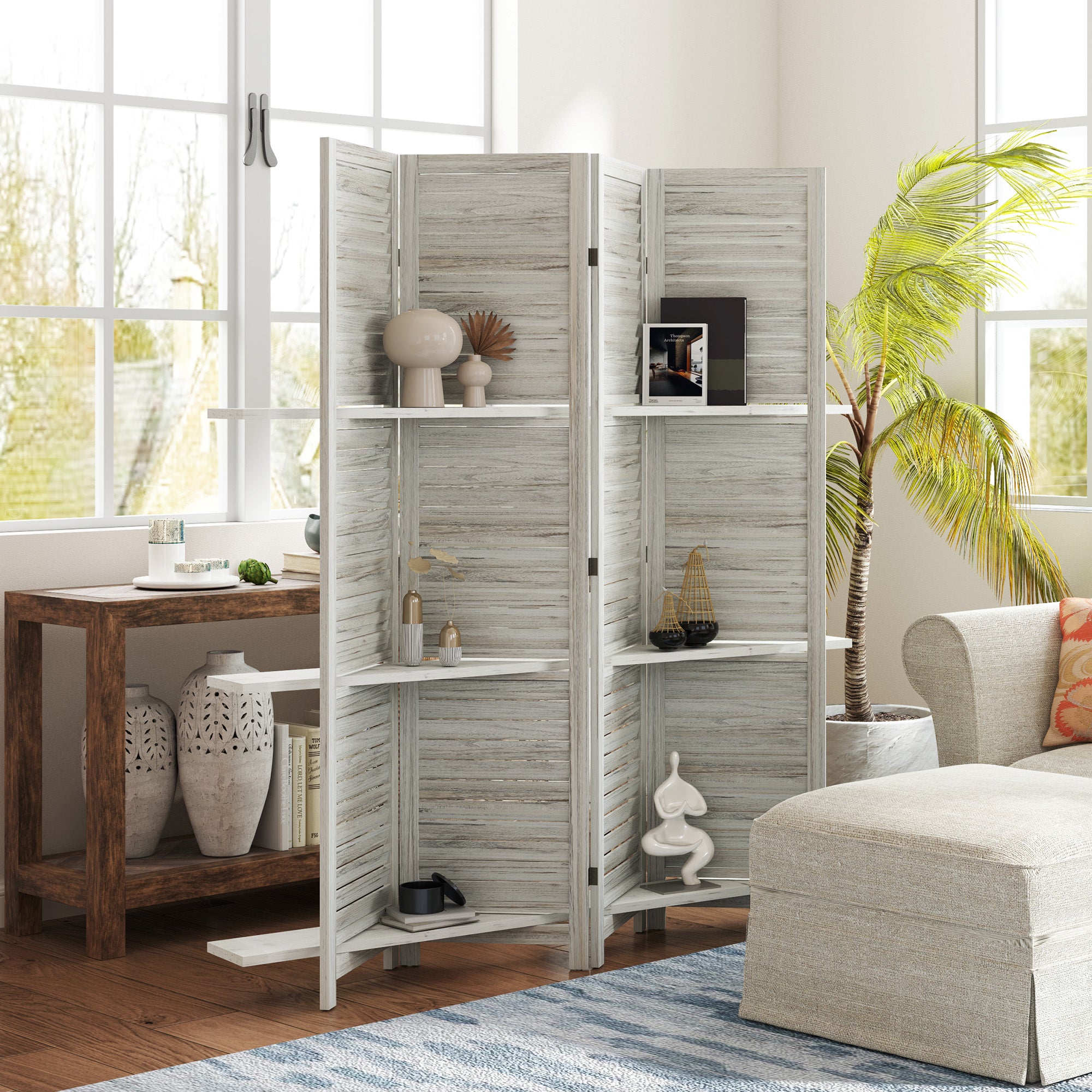 4-Panel Wall Partition Room Separator with 3 Storage Shelves Foldable Design Wooden Frame 5.6FT Distressed White