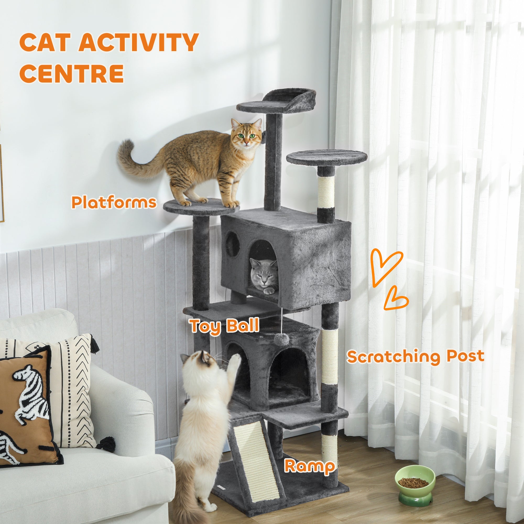 63" Cat Tree, Multi-Level Cat Tower with Scratching Posts, Cat Condos, Bed, Platforms, Ramp, Toy Ball, Dark Grey