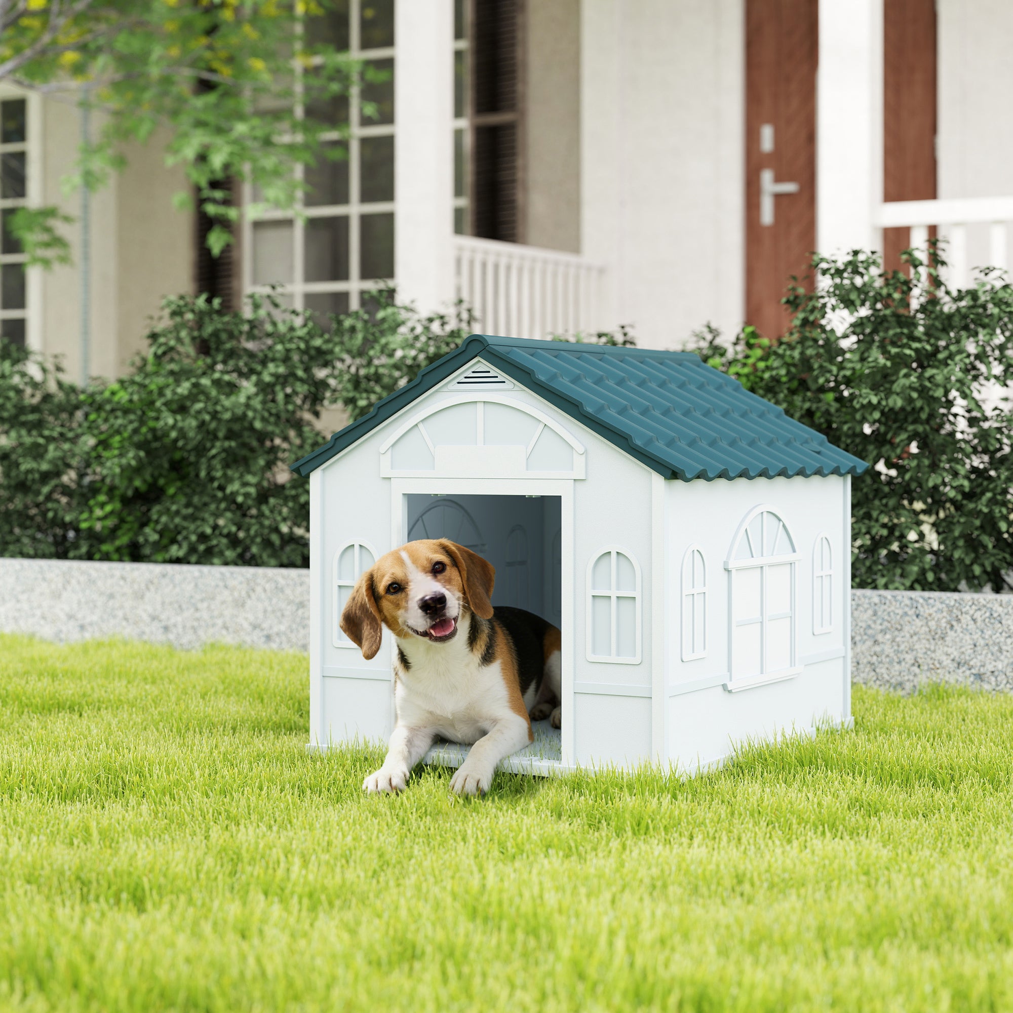 26" Plastic Dog House Outdoor with Air Vents, for Small Medium Dogs, Blue