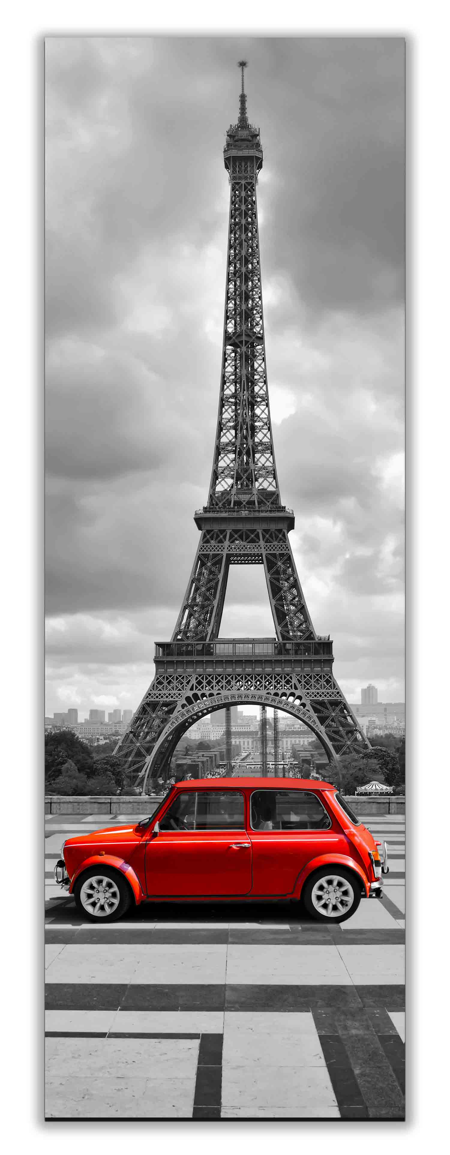Eiffel Tower in Black & White with Red Car in Foreground 24" x 72" Fine Art Canvas-Canvas Print-DECOROLALA