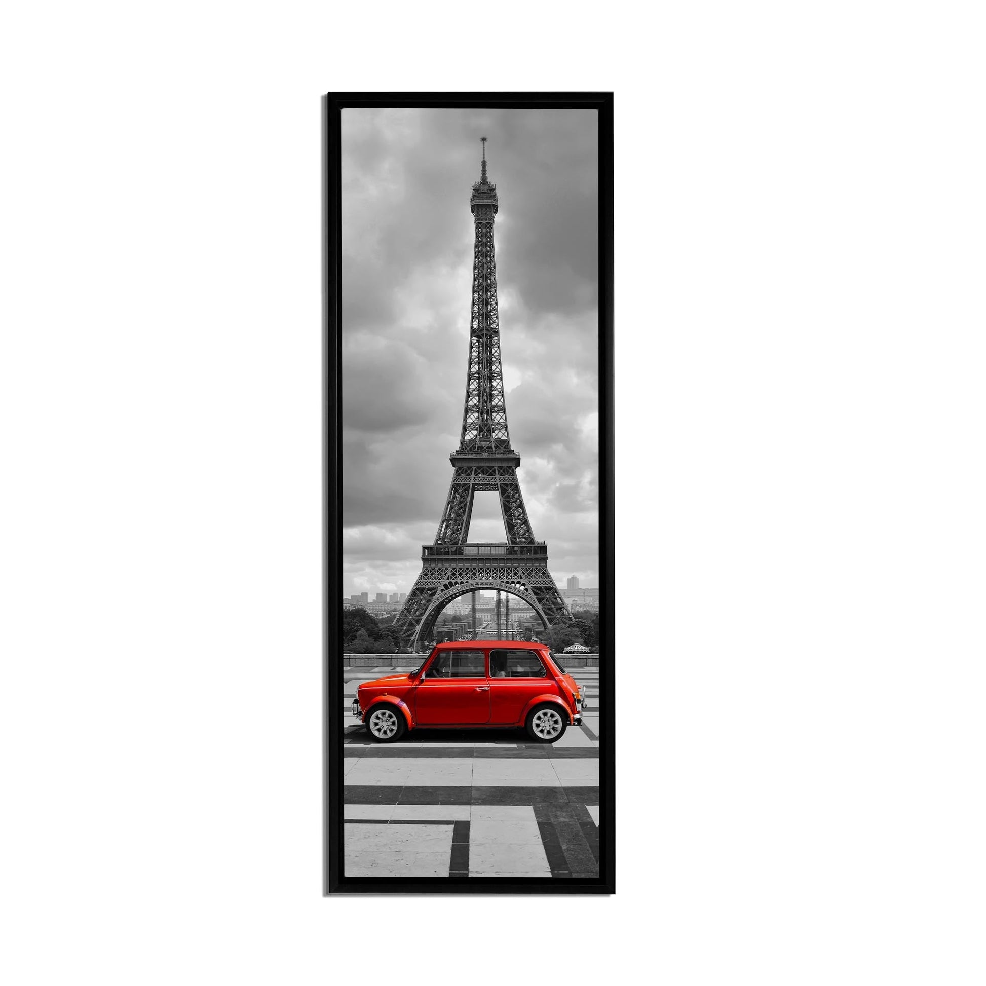 Eiffel Tower in Black & White with Red Car in Foreground 24" x 72" Fine Art Canvas-Canvas Print-DECOROLALA