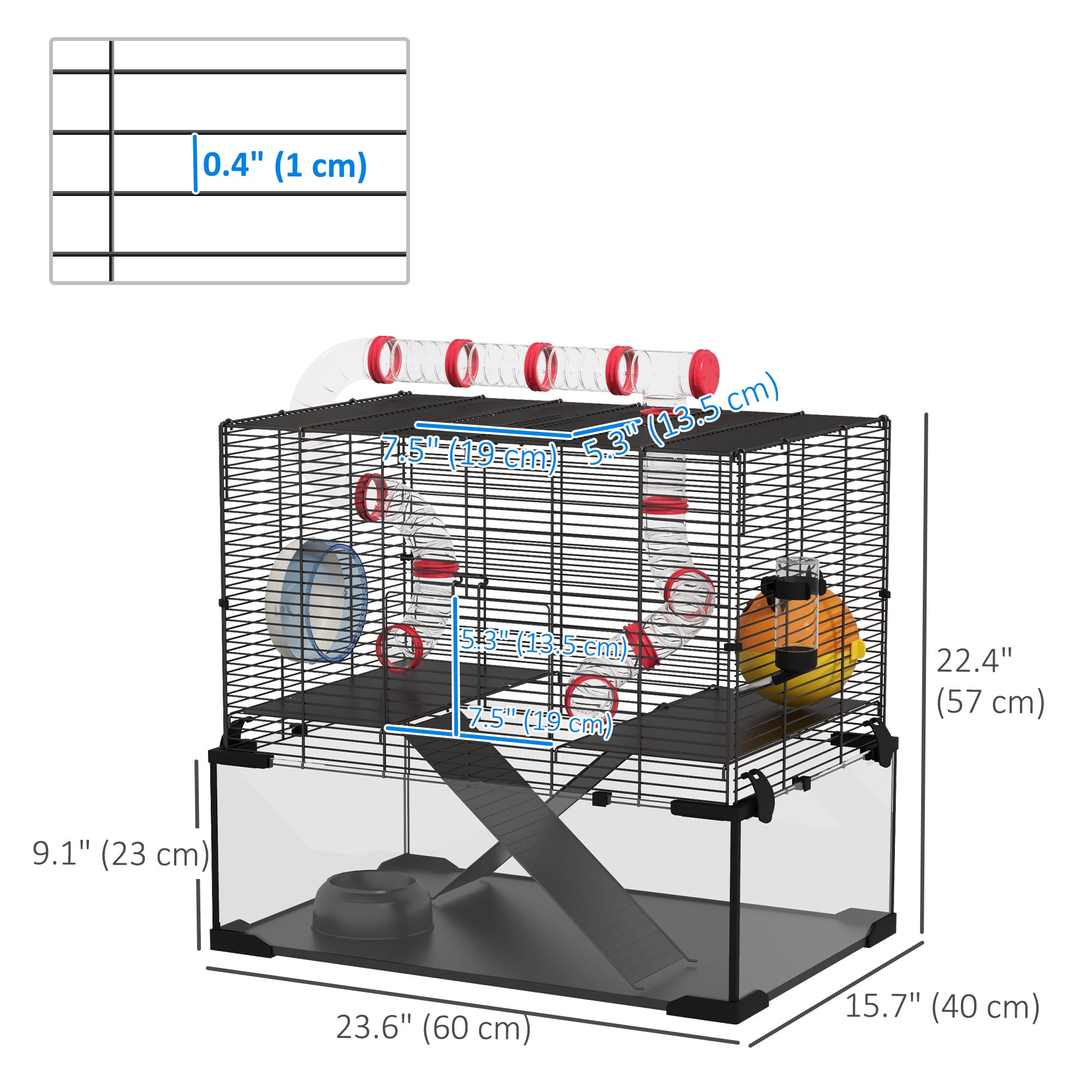 Hamster Cage with Deep Glass Bottom, Tunnel Tube System, Platforms, Hut, Exercise Wheel, Water Bottle, 24" x 16" x 22"