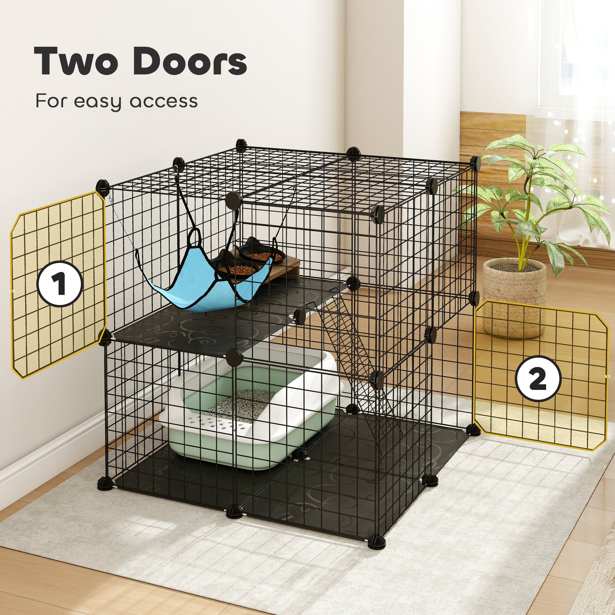 2 Tier Cat Cage Crate, DIY Pet Playpen with 2 Doors, Ladder, Hammock, Perch, Indoor Playpen for Kittens, Black