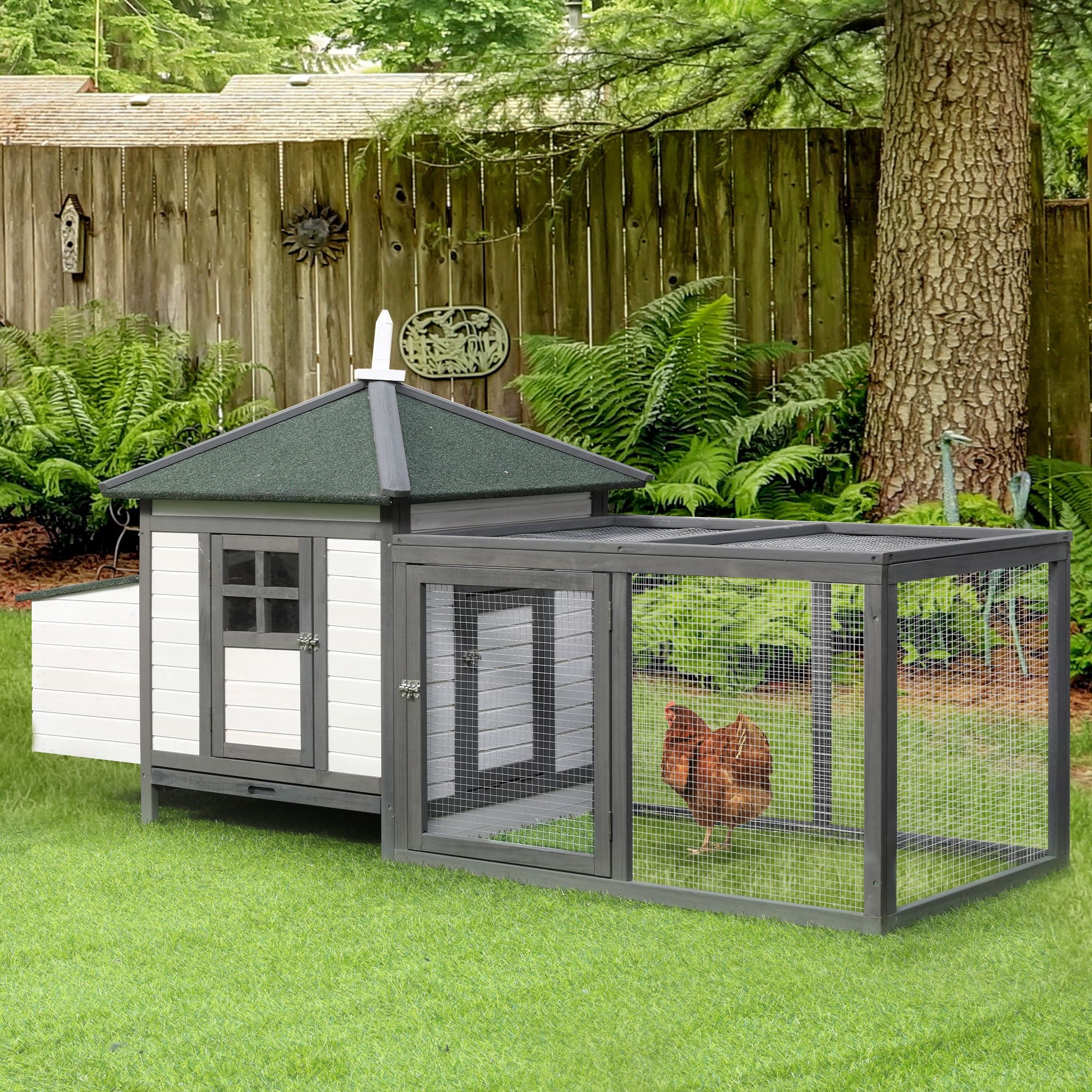 77" Chicken Coop Hen House Rabbit Hutch Poultry Cage Pen Outdoor Backyard with Nesting Box Run White and Dark gray