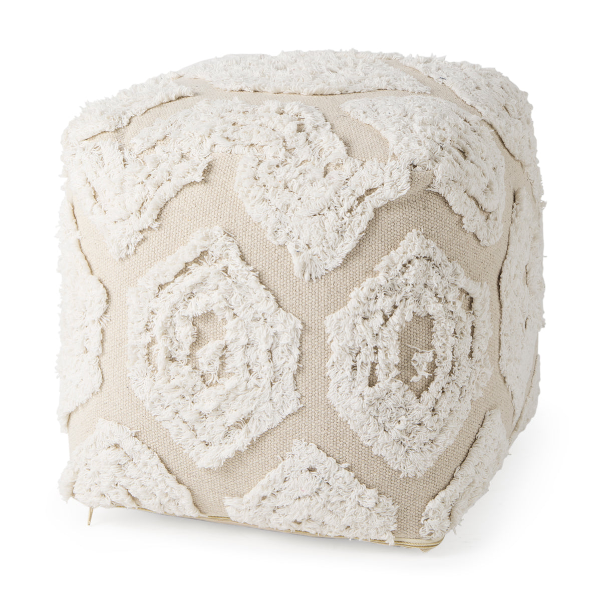 Ekanta 16.0L x 16.0W x 16.0H Cream/Beige Patterned Cotton Pouf-Poufs-DECOROLALA