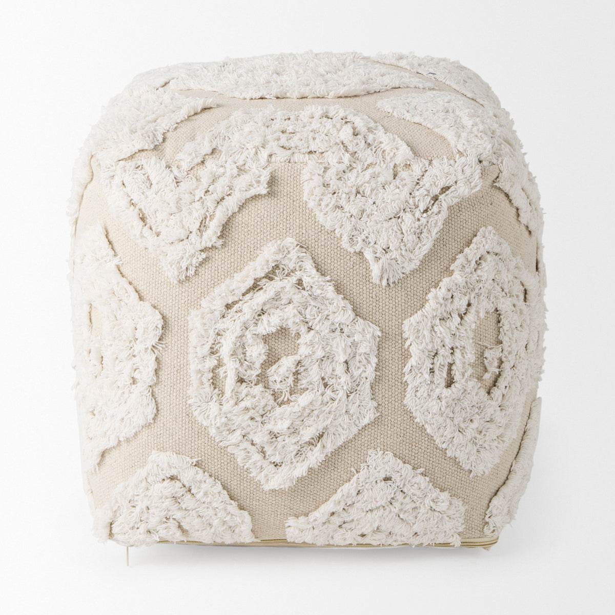 Ekanta 16.0L x 16.0W x 16.0H Cream/Beige Patterned Cotton Pouf-Poufs-DECOROLALA