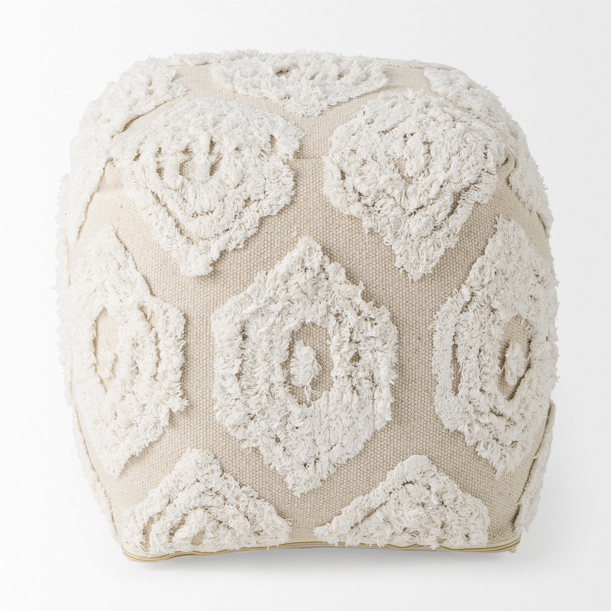 Ekanta 16.0L x 16.0W x 16.0H Cream/Beige Patterned Cotton Pouf-Poufs-DECOROLALA