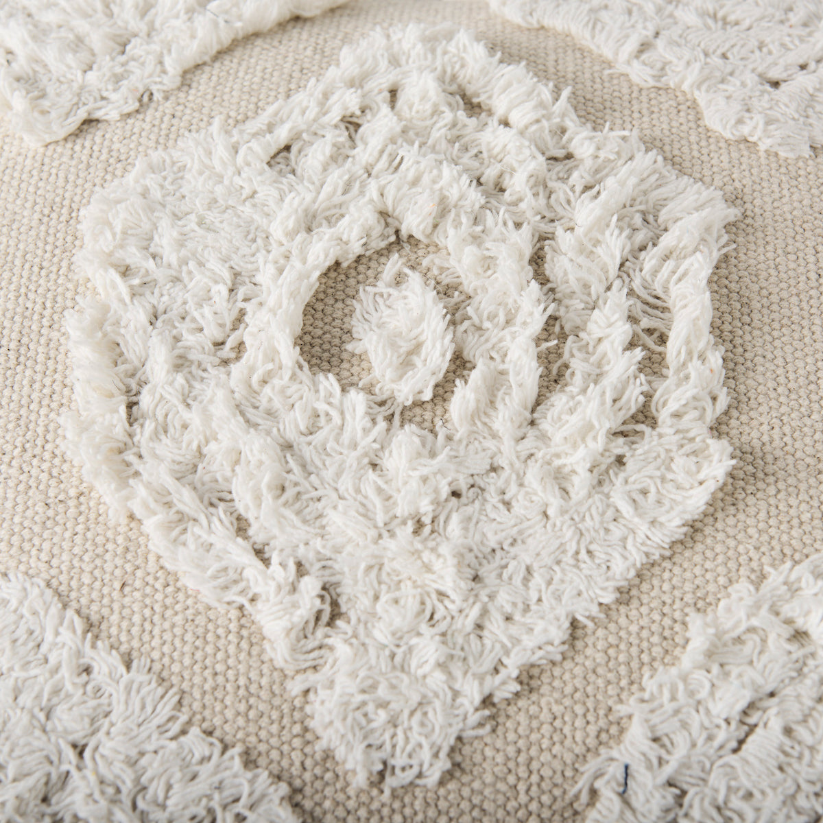 Ekanta 16.0L x 16.0W x 16.0H Cream/Beige Patterned Cotton Pouf-Poufs-DECOROLALA