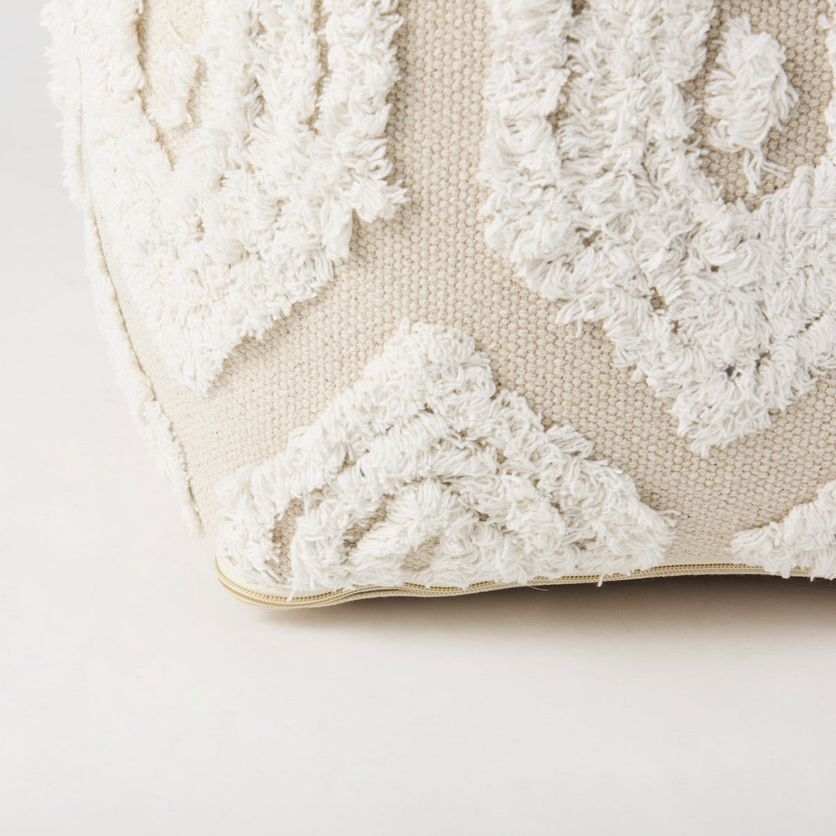 Ekanta 16.0L x 16.0W x 16.0H Cream/Beige Patterned Cotton Pouf-Poufs-DECOROLALA