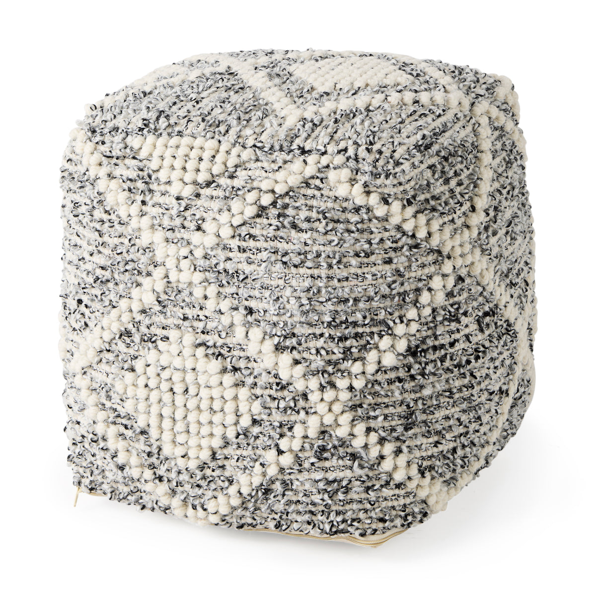 Ekiya 16.0L x 16.0W x 16.0H Black/White Yarn and Wool Patterened Pouf-Poufs-DECOROLALA