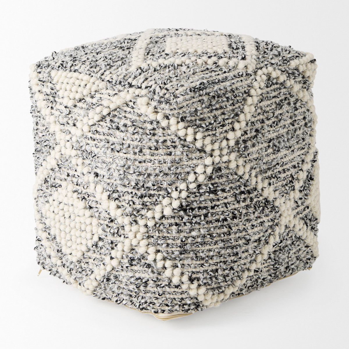 Ekiya 16.0L x 16.0W x 16.0H Black/White Yarn and Wool Patterened Pouf-Poufs-DECOROLALA