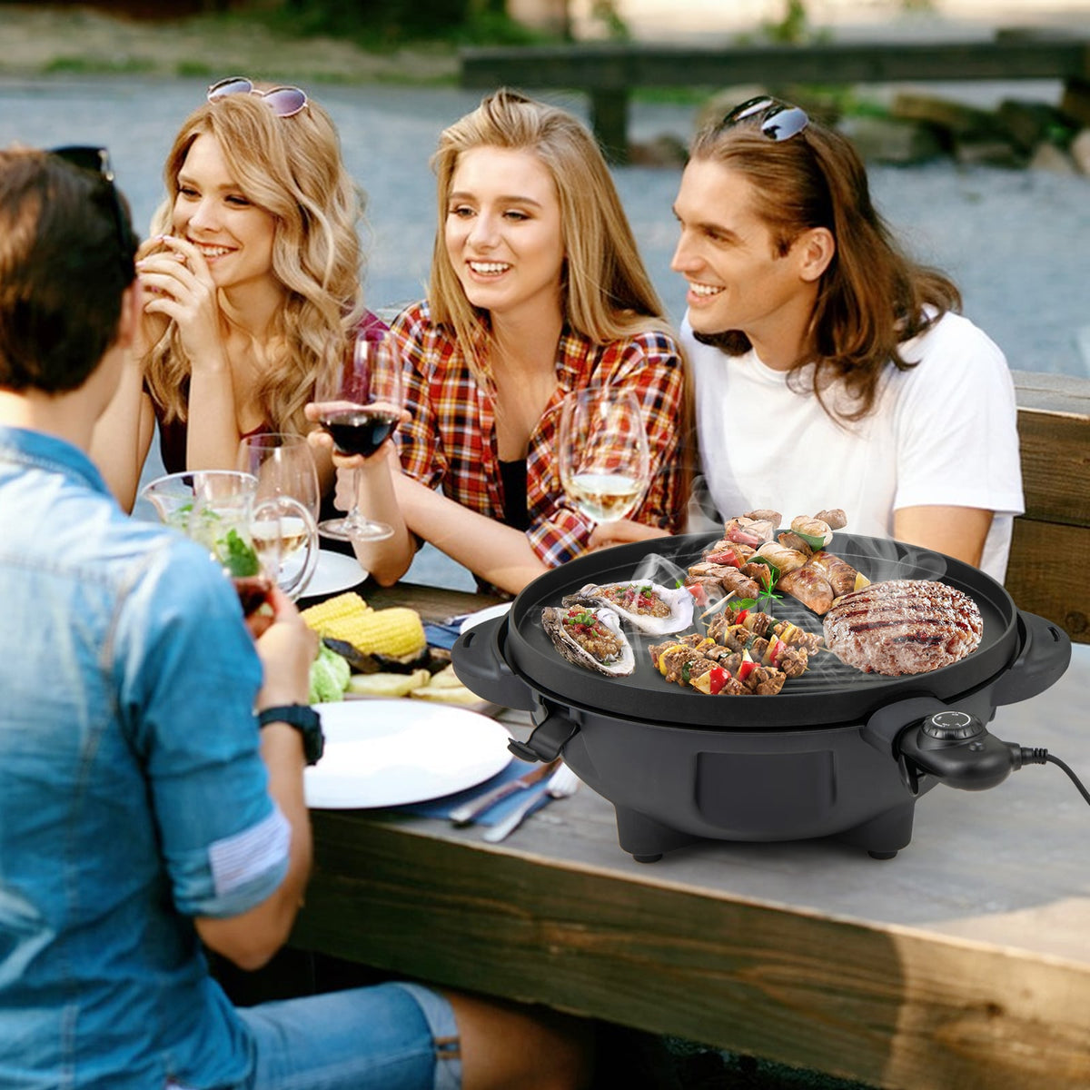 Electric BBQ Grill 1200W Indoor Outdoor Grill with 2-Zone Non-Stick Grilling Plate-Black-Outdoor Grills-DECOROLALA