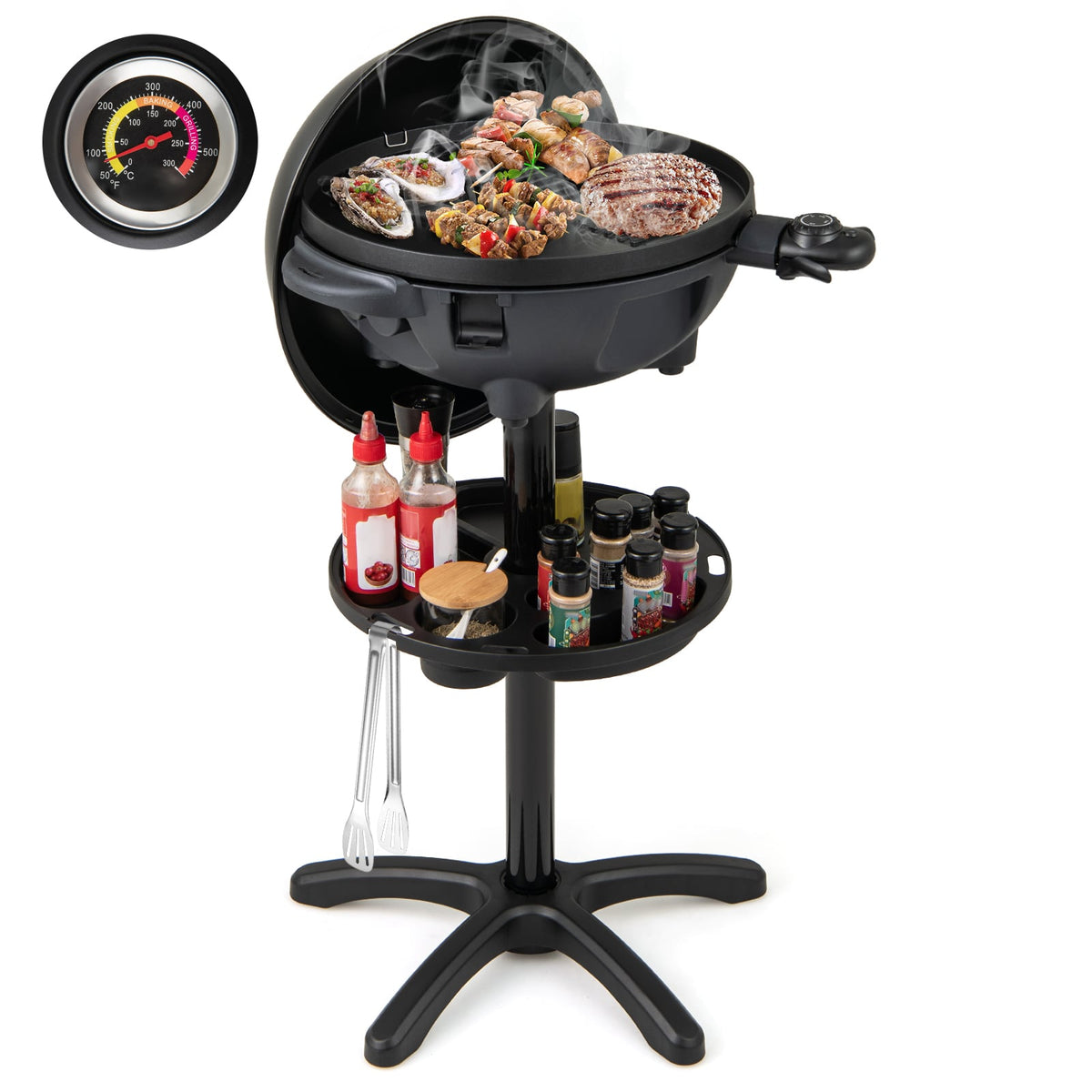 Electric BBQ Grill 1200W Indoor Outdoor Grill with 2-Zone Non-Stick Grilling Plate-Black-Outdoor Grills-DECOROLALA