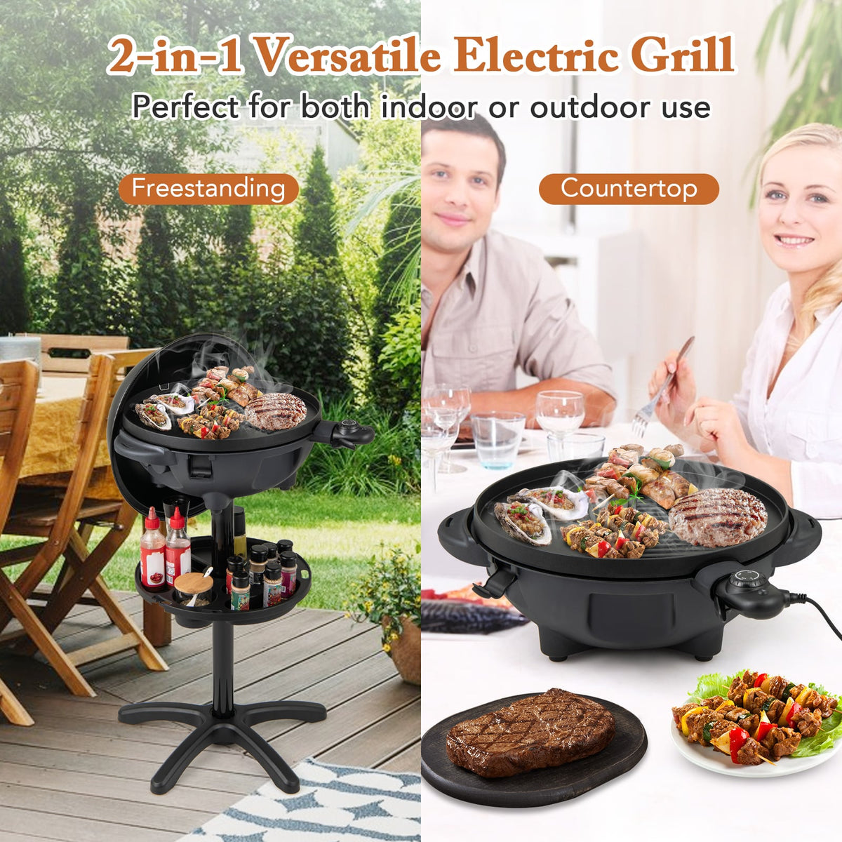 Electric BBQ Grill 1200W Indoor Outdoor Grill with 2-Zone Non-Stick Grilling Plate-Black-Outdoor Grills-DECOROLALA
