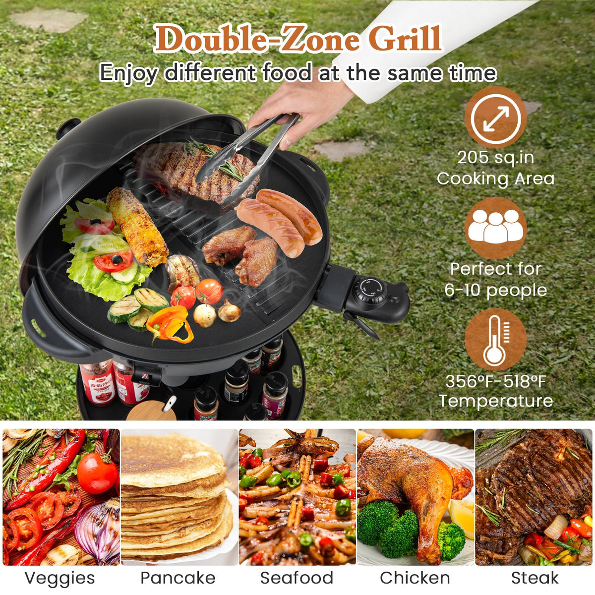Electric BBQ Grill 1200W Indoor Outdoor Grill with 2-Zone Non-Stick Grilling Plate-Black-Outdoor Grills-DECOROLALA