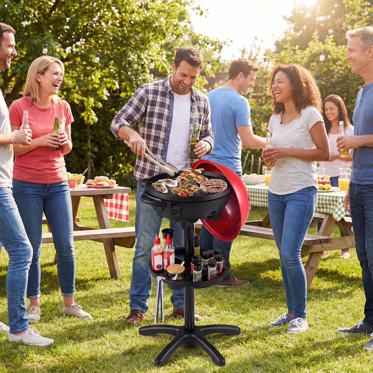 Electric BBQ Grill 1200W Indoor Outdoor Grill with 2-Zone Non-Stick Grilling Plate-Red-Outdoor Grills-DECOROLALA