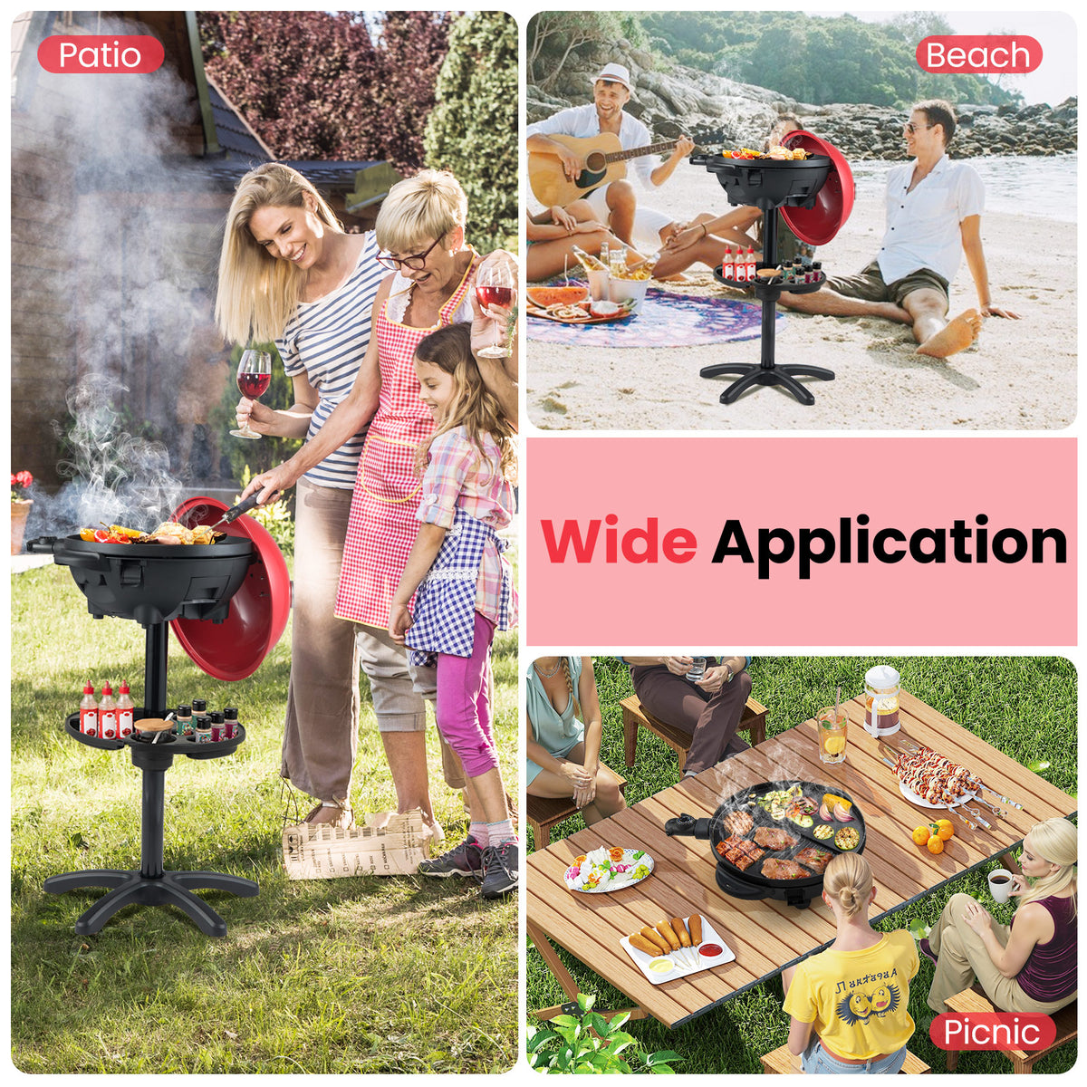 Electric BBQ Grill 1200W Indoor Outdoor Grill with 2-Zone Non-Stick Grilling Plate-Red-Outdoor Grills-DECOROLALA