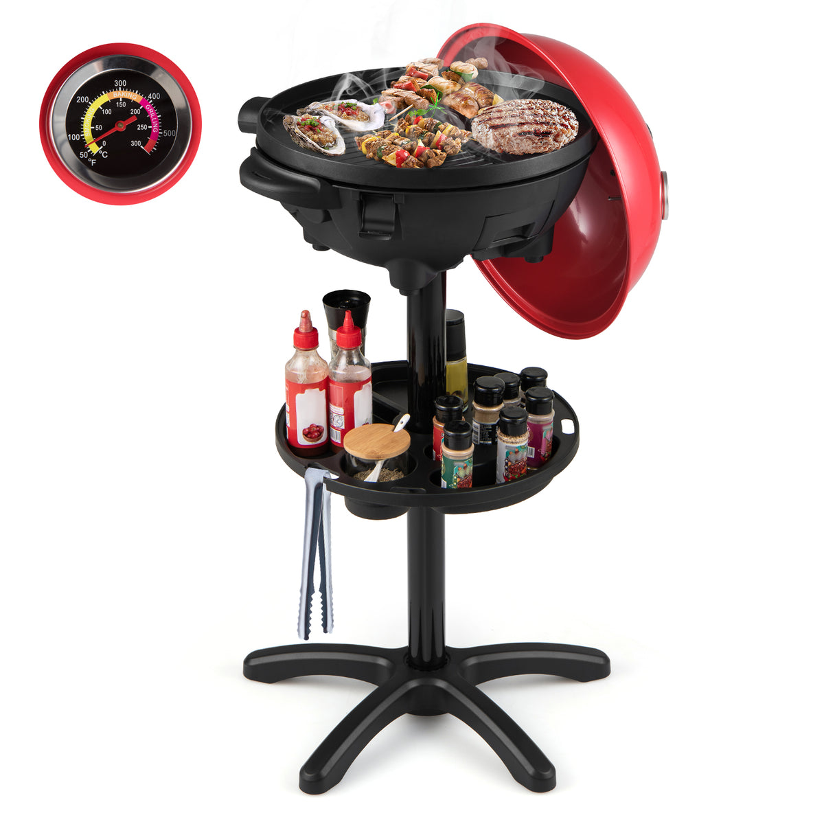 Electric BBQ Grill 1200W Indoor Outdoor Grill with 2-Zone Non-Stick Grilling Plate-Red-Outdoor Grills-DECOROLALA