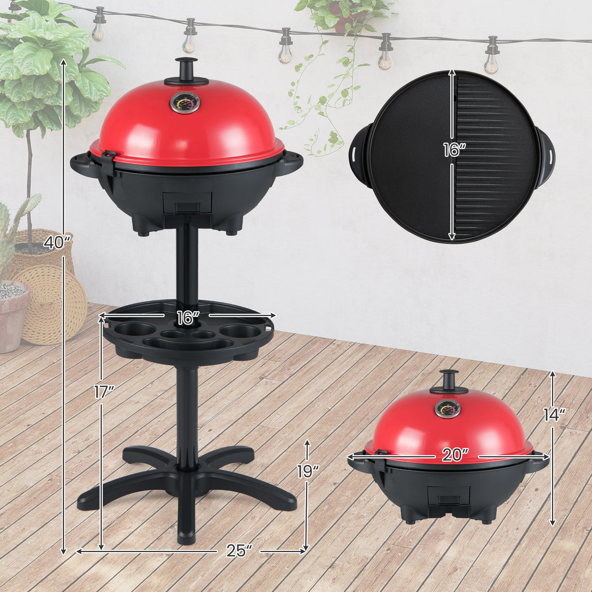 Electric BBQ Grill 1200W Indoor Outdoor Grill with 2-Zone Non-Stick Grilling Plate-Red-Outdoor Grills-DECOROLALA