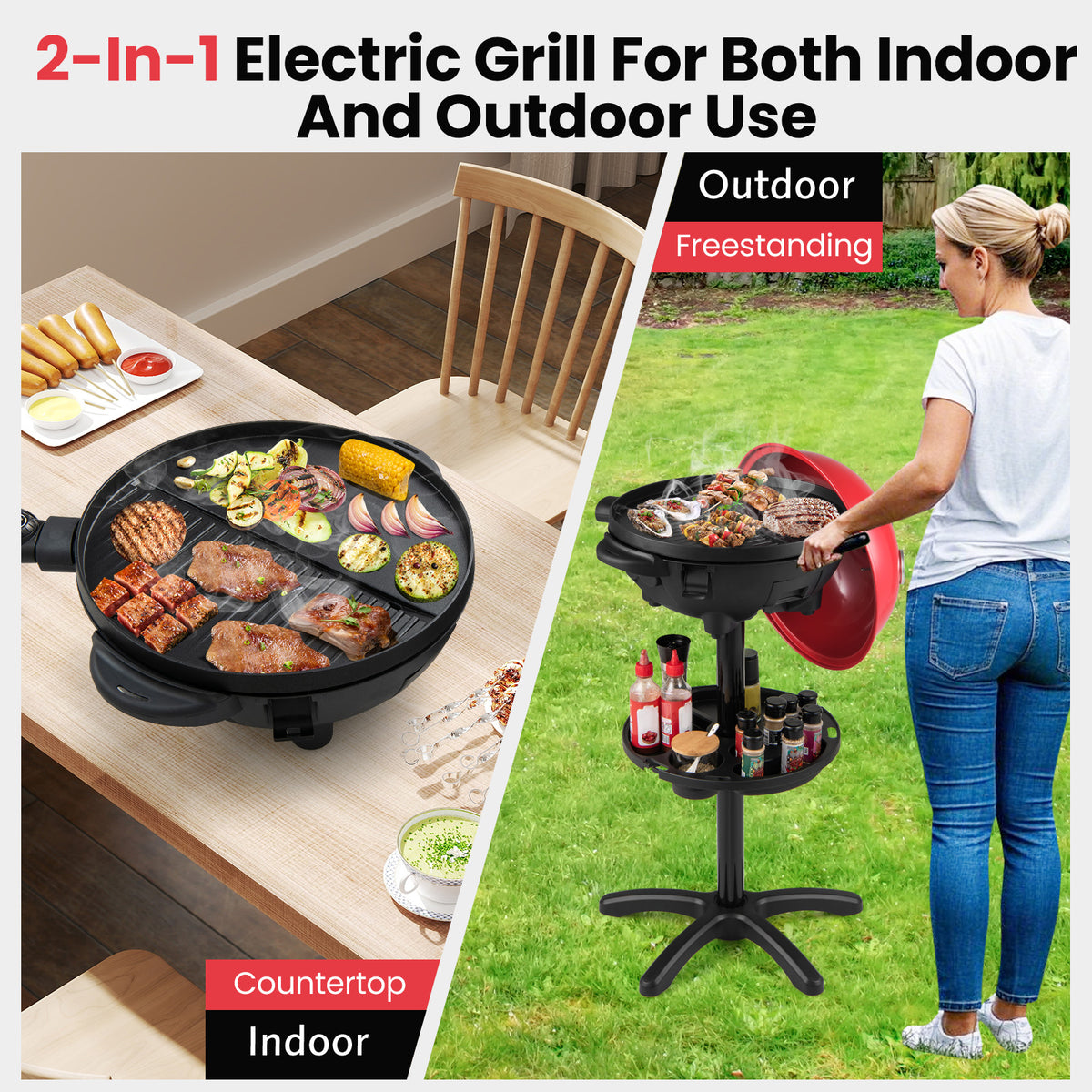 Electric BBQ Grill 1200W Indoor Outdoor Grill with 2-Zone Non-Stick Grilling Plate-Red-Outdoor Grills-DECOROLALA