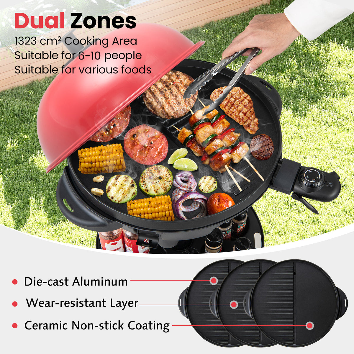Electric BBQ Grill 1200W Indoor Outdoor Grill with 2-Zone Non-Stick Grilling Plate-Red-Outdoor Grills-DECOROLALA