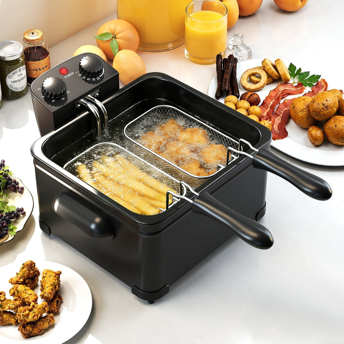 Electric Deep Fryer 5.3QT/21-Cup Stainless Steel 1700W with Triple Basket-Black-Air Fryers-DECOROLALA
