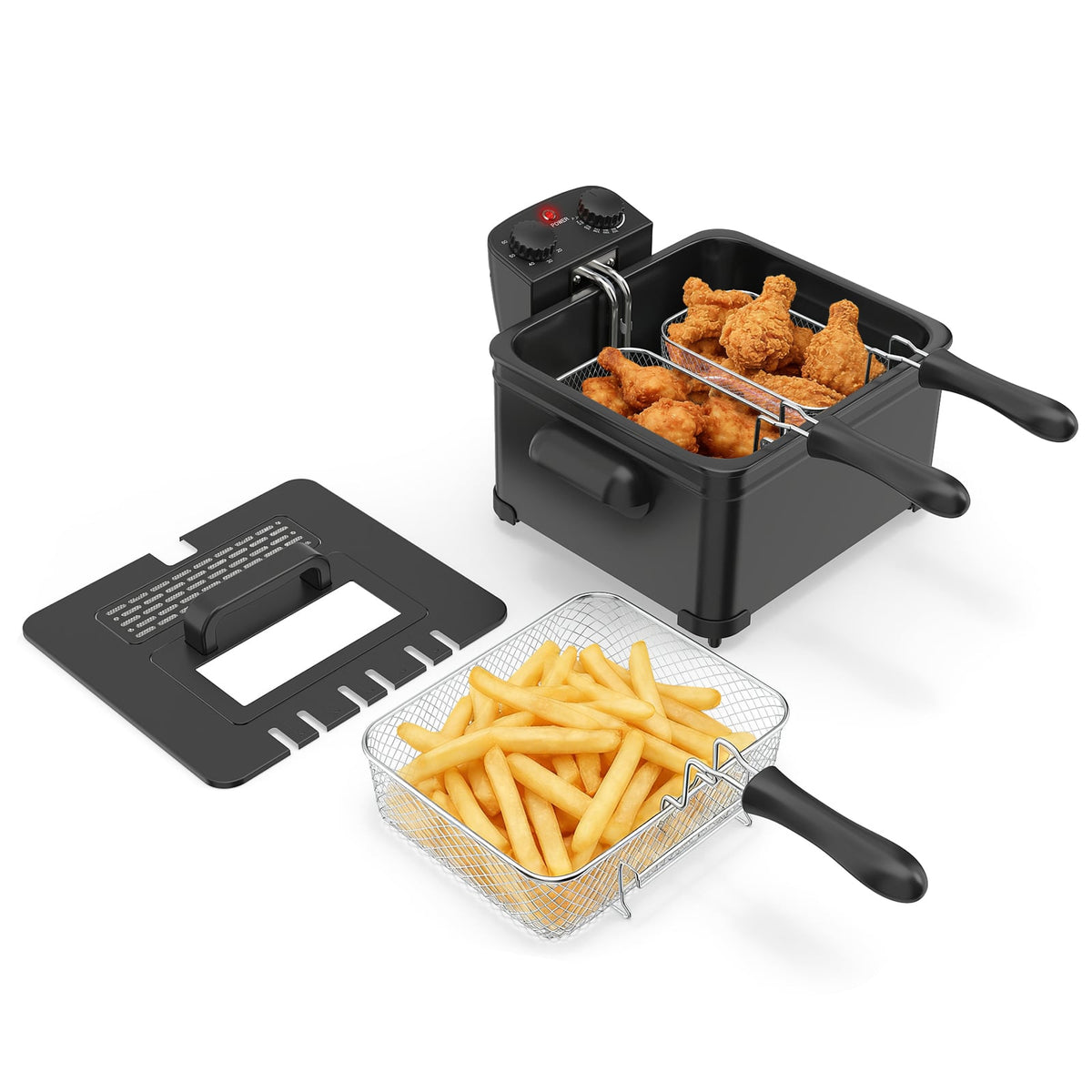 Electric Deep Fryer 5.3QT/21-Cup Stainless Steel 1700W with Triple Basket-Black-Air Fryers-DECOROLALA