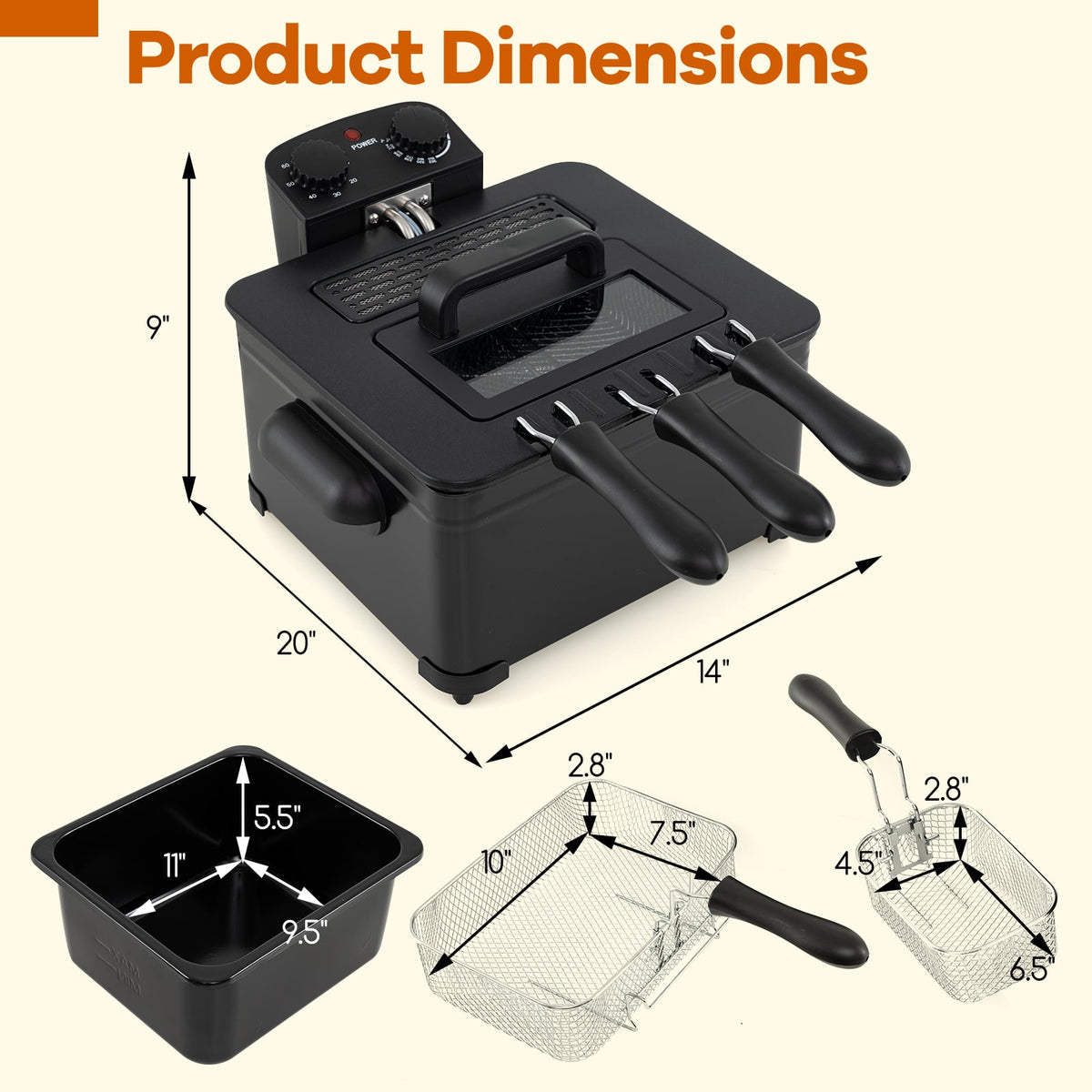 Electric Deep Fryer 5.3QT/21-Cup Stainless Steel 1700W with Triple Basket-Black-Air Fryers-DECOROLALA