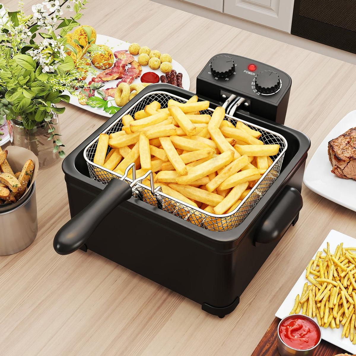 Electric Deep Fryer 5.3QT/21-Cup Stainless Steel 1700W with Triple Basket-Black-Air Fryers-DECOROLALA
