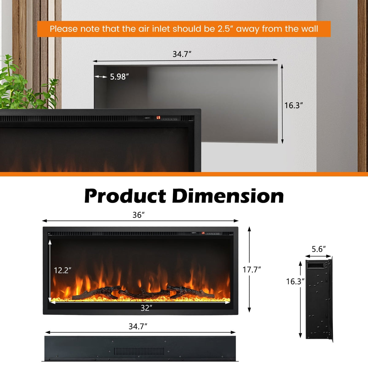 Electric Fireplace 36" - In-Wall Recessed with Remote Control-Fireplaces-DECOROLALA