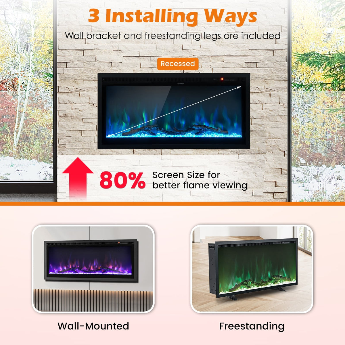 Electric Fireplace 36" - In-Wall Recessed with Remote Control-Fireplaces-DECOROLALA