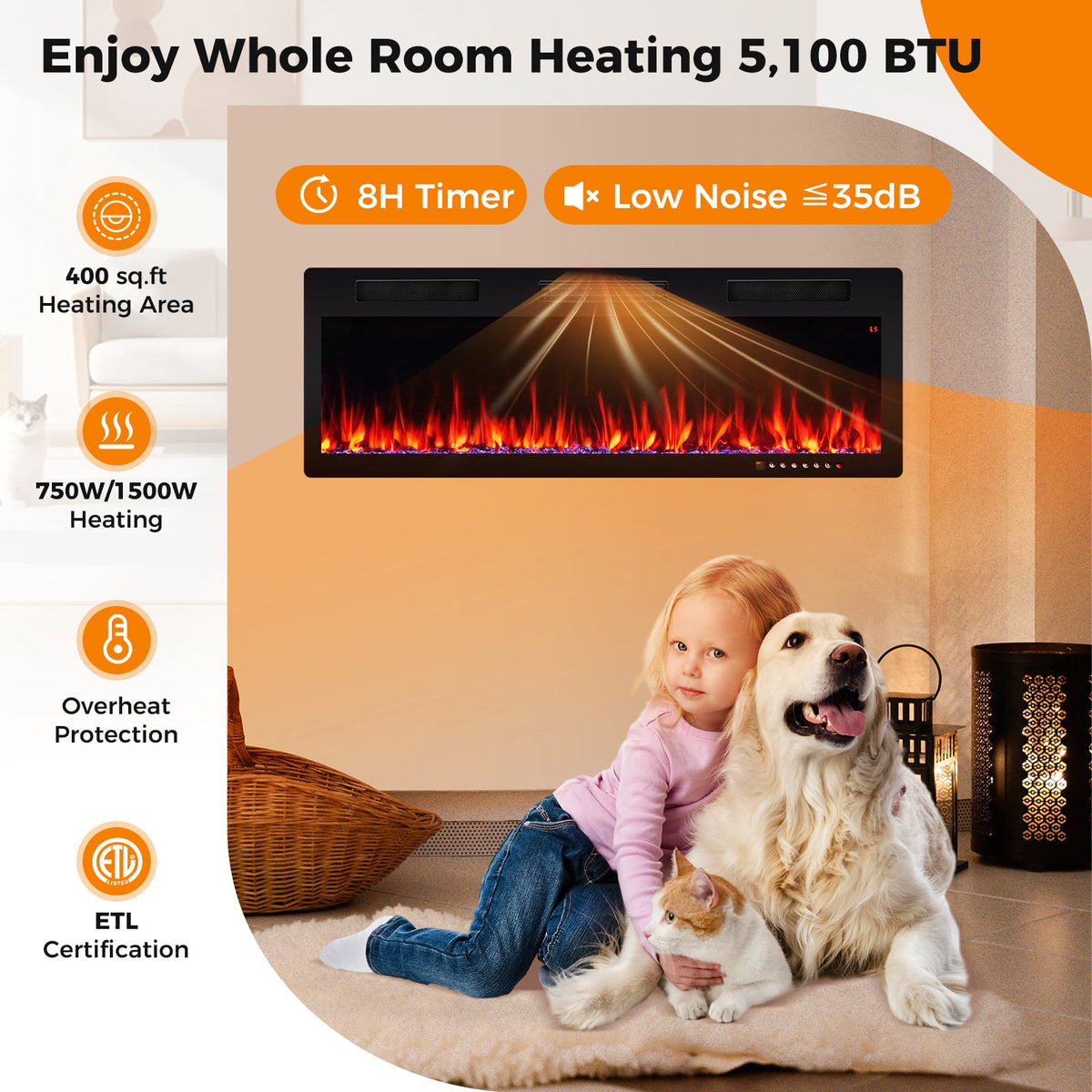 Electric Fireplace 40/50/60 Inches Recessed and Wall Mounted for 2' x 6' Stud-50 inches-Fireplaces-DECOROLALA