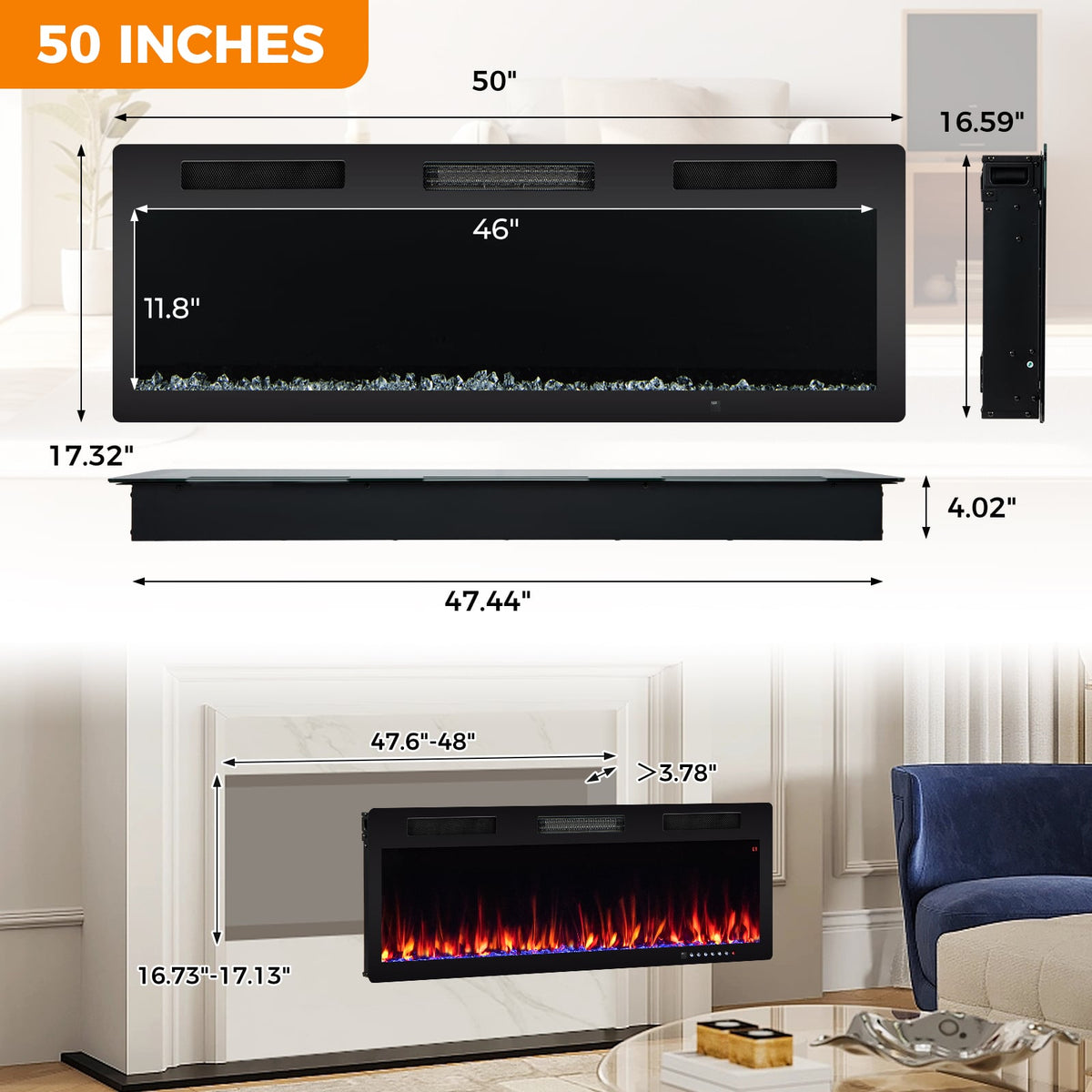 Electric Fireplace 40/50/60 Inches Recessed and Wall Mounted for 2' x 6' Stud-50 inches-Fireplaces-DECOROLALA