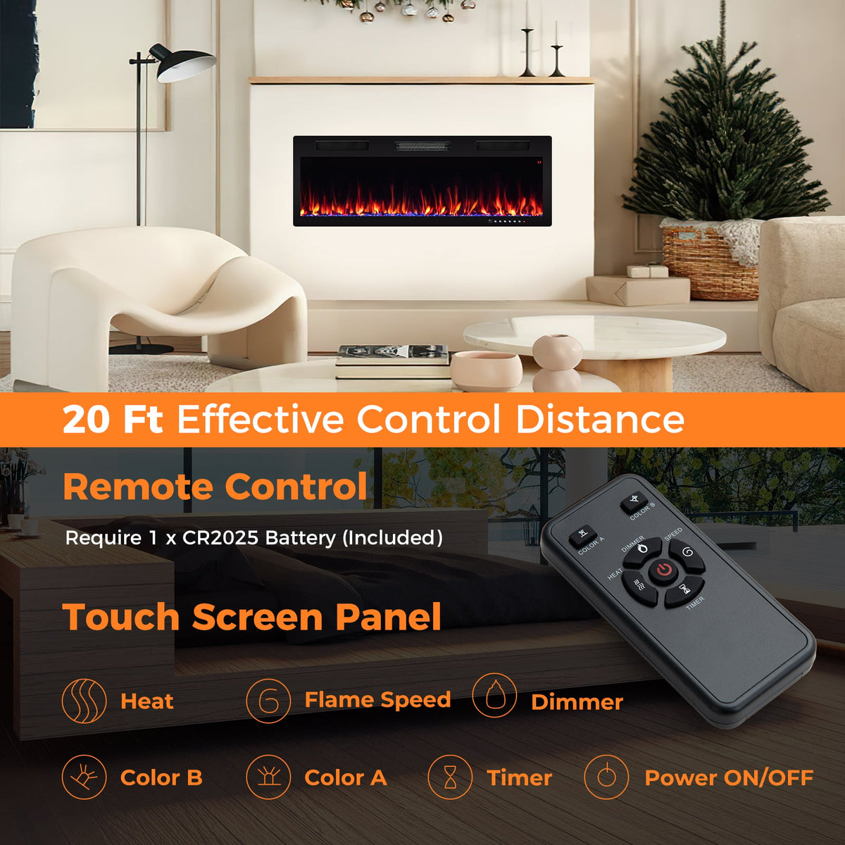 Electric Fireplace 40/50/60 Inches Recessed and Wall Mounted for 2' x 6' Stud-50 inches-Fireplaces-DECOROLALA
