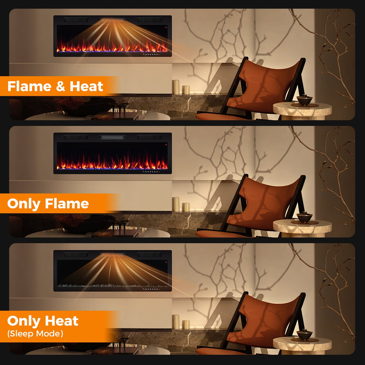 Electric Fireplace 40/50/60 Inches Recessed and Wall Mounted for 2' x 6' Stud-50 inches-Fireplaces-DECOROLALA