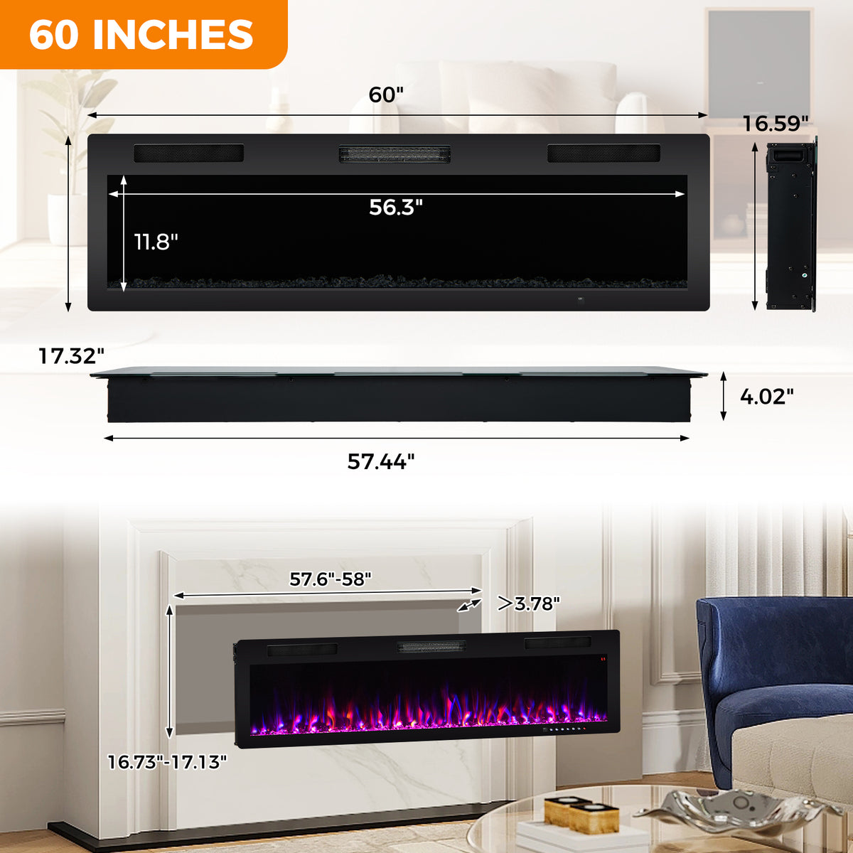 Electric Fireplace 40/50/60 Inches Recessed and Wall Mounted for 2' x 6' Stud-60 inches-Fireplaces-DECOROLALA