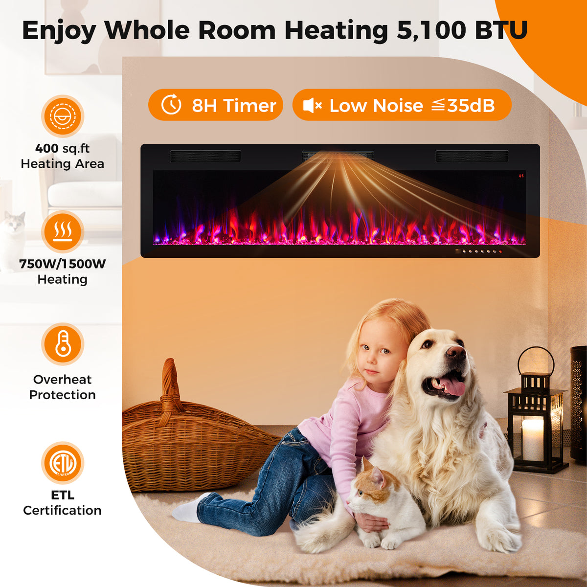Electric Fireplace 40/50/60 Inches Recessed and Wall Mounted for 2' x 6' Stud-60 inches-Fireplaces-DECOROLALA