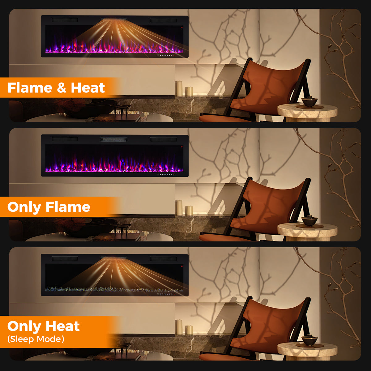 Electric Fireplace 40/50/60 Inches Recessed and Wall Mounted for 2' x 6' Stud-60 inches-Fireplaces-DECOROLALA
