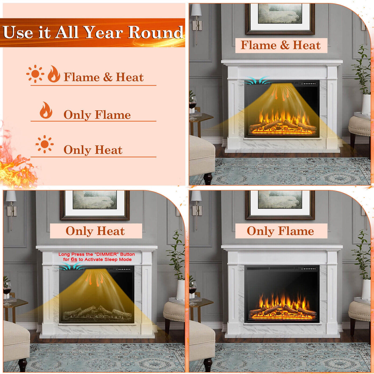 34/37 Inch Electric Fireplace Recessed with Adjustable Flames-Fireplaces-DECOROLALA