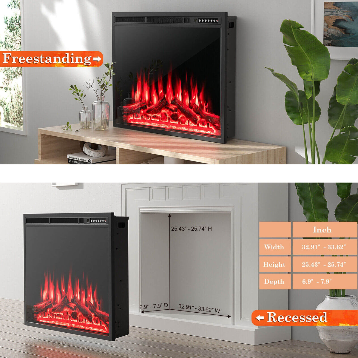 34/37 Inch Electric Fireplace Recessed with Adjustable Flames-Fireplaces-DECOROLALA