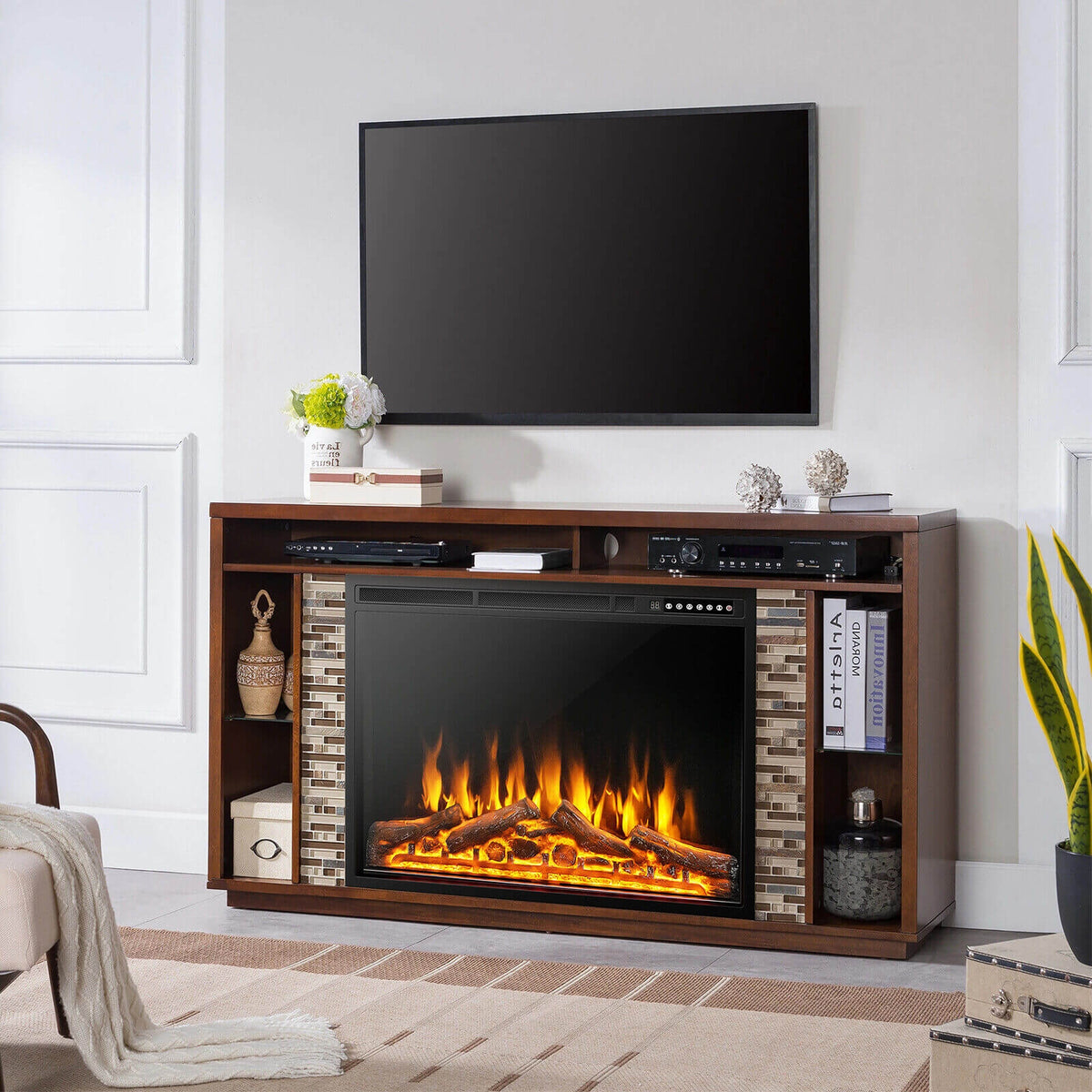 34/37 Inch Electric Fireplace Recessed with Adjustable Flames-Fireplaces-DECOROLALA