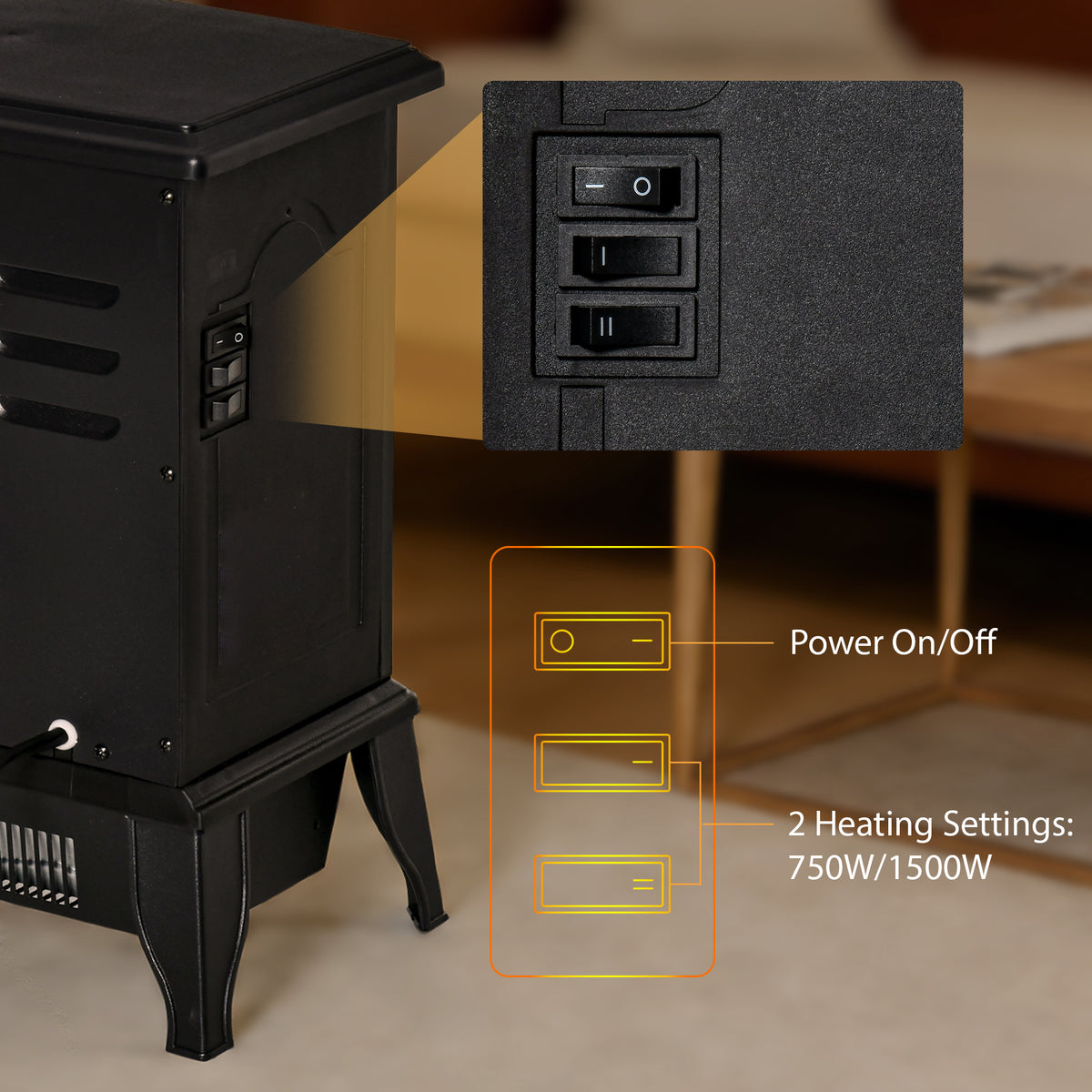 Electric Fireplace Heater - 1500W Freestanding Stove Black-Electric Fireplaces-DECOROLALA